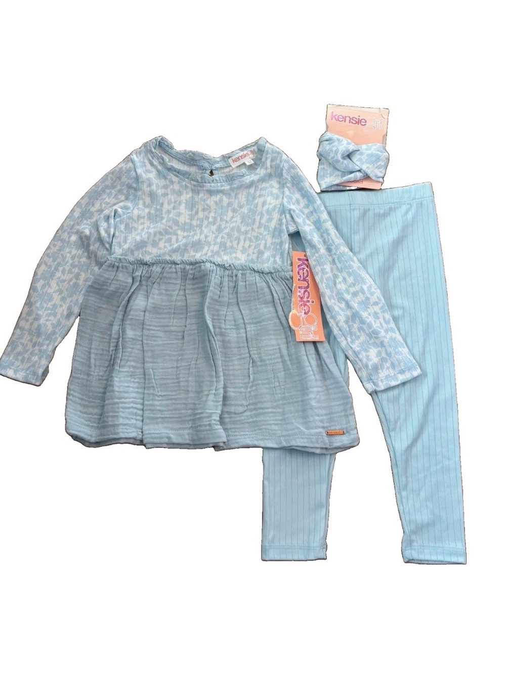Kensie Girl Light Blue Ribbed Leggings & Textured Peplum Top Set w/Headband - 3T